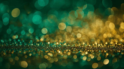 An abstract realm of golden sparkles floating over an emerald sea backdrop, radiating elegance