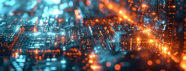 walls wrapped in digital binary codes with blue lights in the technology gateway