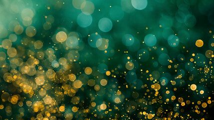 Abstract image of sparkling golden bokeh lights against a vibrant teal background creating a magical atmosphere