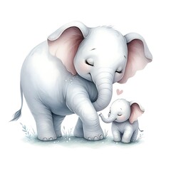 cute watercolor Loving Elephant Mother with Calf Illustration