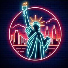 Statue of Liberty on brick background. Neon style illustration
