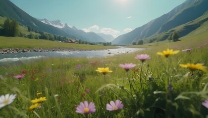 meadow with mountain river and hills