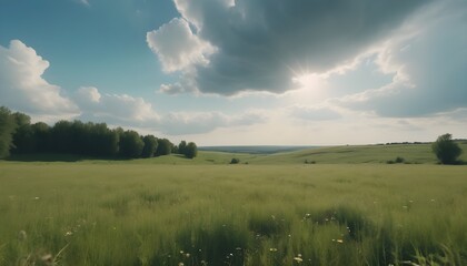 green field and sky, meadow in rustic landscape