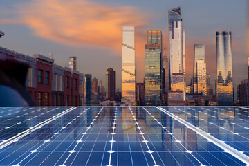 Solar panel over cityscapes, solar power green energy for life concept,New York City USA,	
