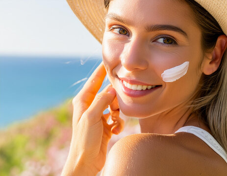 Young pretty woman spreading sunscreen on beautiful face to protect against sun light with cream sunblock