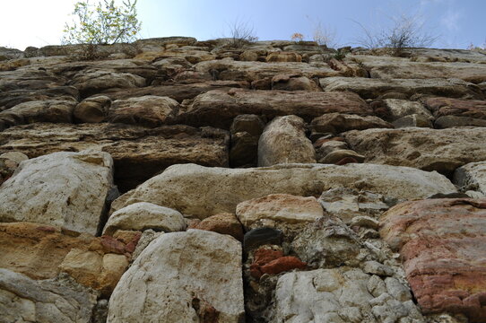 Old original walls made of large stones from Skopje fortress or skopsko Kale is a historic fortress located in the old town of Skopje city.