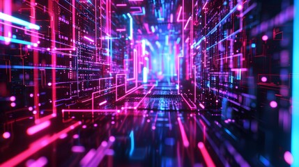 walls wrapped in digital binary codes with blue lights in the technology gateway