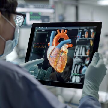 A man is looking at a tablet with a heart image on it