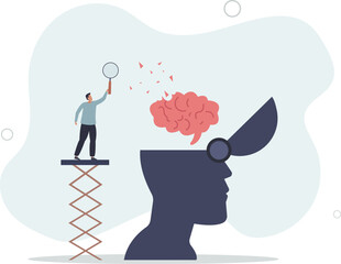 man with magnifying glass analyze amnesia patient brain.flat vector illustration.