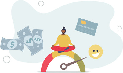 happy man hold banknote and credit card sit above credit gauge at good rating.flat vector illustration.