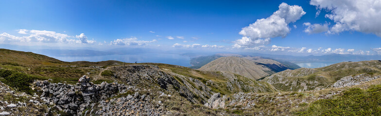A panoramic view from near Magaro peak on Galichica mountain. Lake Ohrid in the distance.