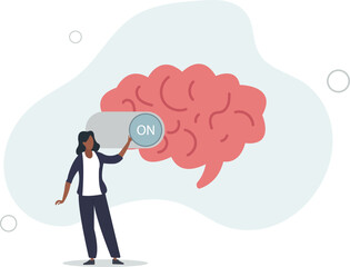 smart businesswoman genius turn on switch on his own brain.flat vector illustration.