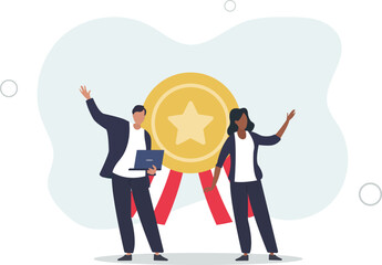 success businessman and businesswoman professional stand with star award.flat vector illustration.