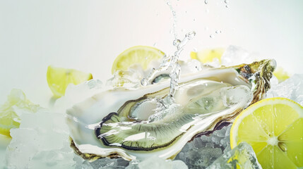 Oyster with lemon slices being splashed with water