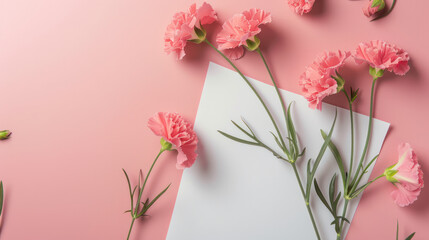 Pink carnations and paper on a pink background