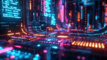 walls wrapped in digital binary codes with blue lights in the technology gateway