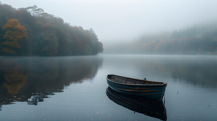 A peaceful lakeside scene on a misty morning, with tranquil waters reflecting the surrounding trees and sky, and a lone boat drifting on the surface - obrazy, fototapety, plakaty