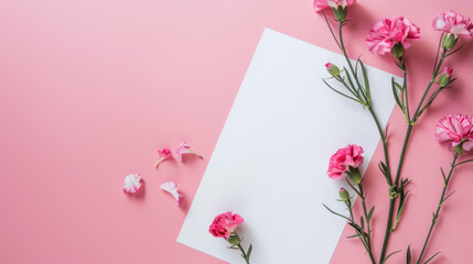 Pink carnations and paper on pink background