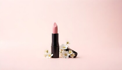 lipstick with delicate white flowers on a pastel background