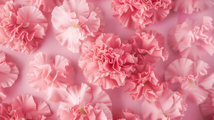 Vibrant pink carnations  flowers against pink background
