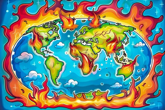 A digital painting of the earth on fire. The fire is orange and yellow, the earth is blue and green.
