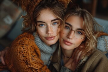 Fototapeta premium Two women with intense blue eyes and casual wear share a close, affectionate moment