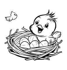 Cute bird in the nest coloring book - coloring page for kids