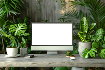 Blank Screen Desktop on wood table in the office, advertisement and promotion, Empty, Template, Transparent, cut out