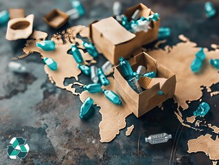 A map of the world is covered in plastic bottles and cardboard boxes. The bottles are scattered all over the map, and the boxes are piled up in various locations. Concept of environmental waste