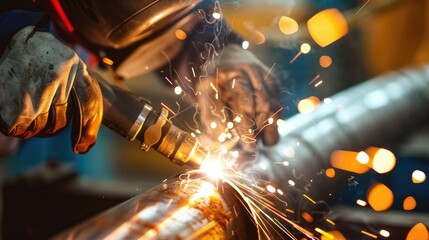 Welding workers cut iron pipes using the welding torch process
