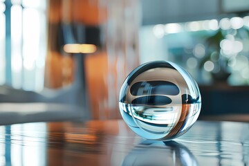 A glass sphere with reflections on its surface is placed in an office, with a blurred background. Ai generated
