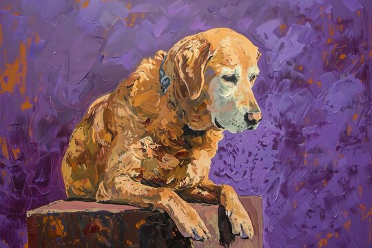 Impressionist painting of a golden retriever in contemplative poise, set against a textured purple backdrop, Concept of art, emotion, and the canine muse