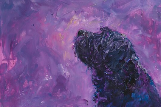 Expressionistic brushstrokes detail a black dog in contemplation against a vivid purple background, Concept of pets as subjects of fine art and emotional depth