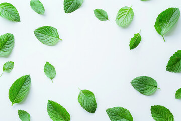 Group of green mint leaves on white surface