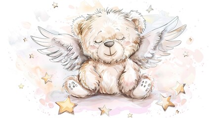 Illustration of a cute baby bear with happy face, soft angel wings and gloria. surrounded by stars - obrazy, fototapety, plakaty
