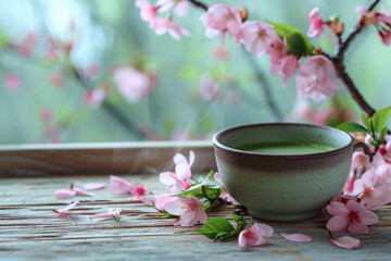 Matcha  tea cup surrounded by pink flowers