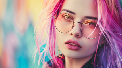 Close-up of a fashionable young woman with vibrant pink hair and round glasses against a colorful background