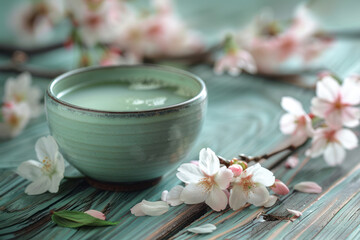 A bowl of matcha tea surrounded by flowers