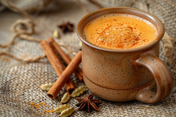 A cup filled with liquid surrounded by cinnamons and star anise, chai tea