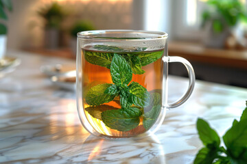 A cup of tea with fresh mint leaves - 795541045