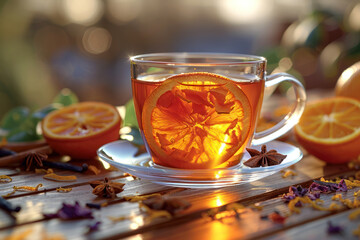 A cup of tea with orange slices and spices - 795541070