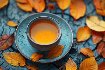 A cup of tea surrounded by autumn leaves - 795541225