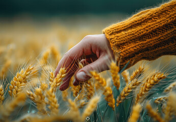 Hand reaching out in wheat field - 795541423