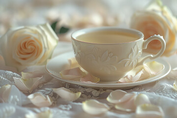 White tea with white rose close up - 795541447