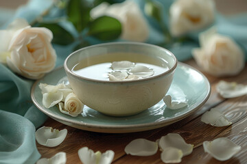 White tea with white rose close up
- 795541468