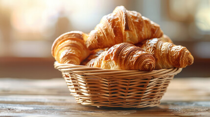 Basket of croissants on wooden table - 795541624