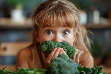 Playful image of a young girl hiding her face with broccoli, evoking themes of healthy eating and...