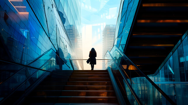 Mujer subiendo unas escaleras en el centro financiero entre rascacielos y edificios de oficinas