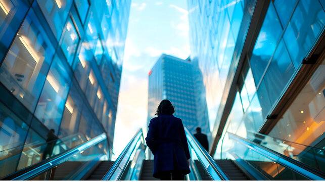 Mujer subiendo unas escaleras en el centro financiero entre rascacielos y edificios de oficinas