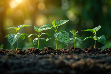 Group of small green plants growing in dirt - 795541805